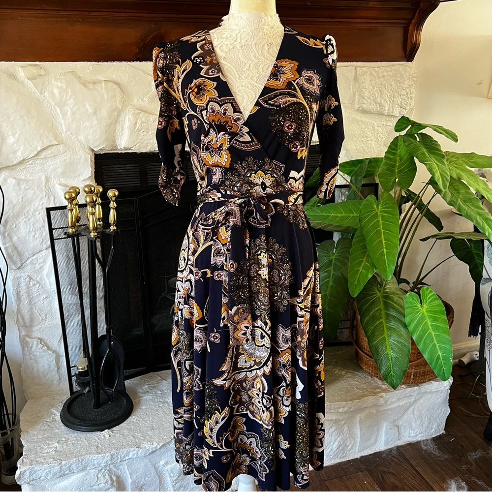 ELIZA J NAVY BLUE PAISLEY PRINT MIDI DRESS SIZE 4